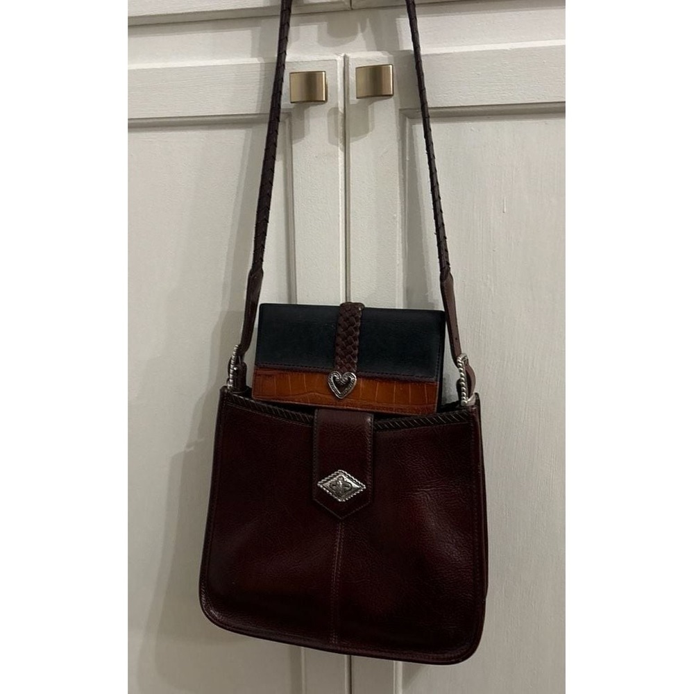 Brighton Vintage Brown Leather Shoulder Bag and Tri-Tone Heart Wallet Set